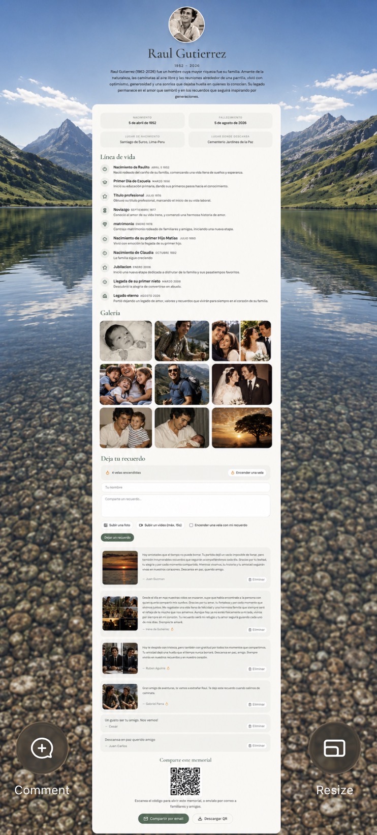 Memorial digital con paisaje de montañas, galería de fotografías y recuerdos familiares